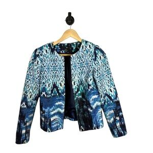 H&M Women’s Abstract Watercolor Linen Blend Open Blazer Blue Multi Size 2